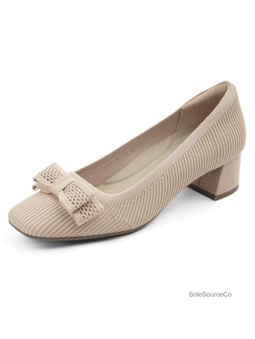 Women's Low Chunky Heel Pumps Knit Block Heeled Square Toe Bow Slip On Comfort
